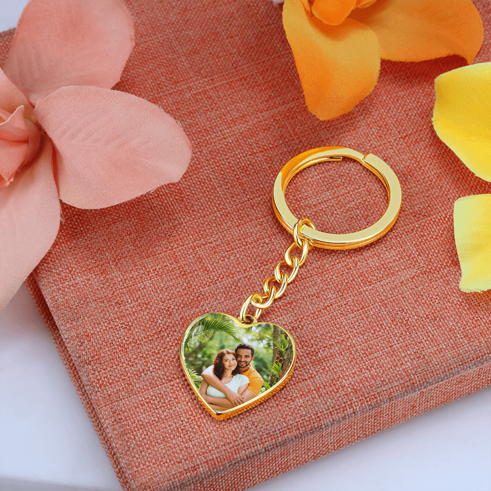 Custom engraved heart charm keychain close-up