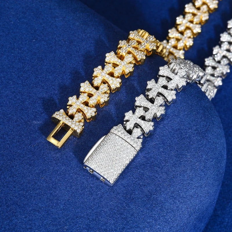Close-up of gothic cross bracelet with diamond-like moissanite shine
