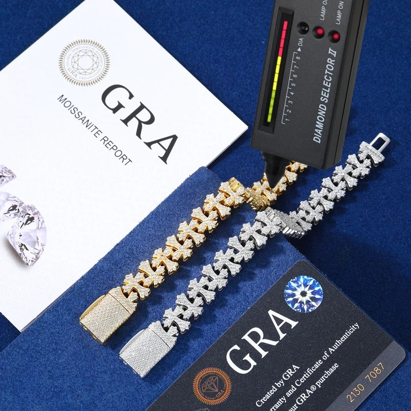 Luxury sterling silver cross bracelet for men with moissanite detailing