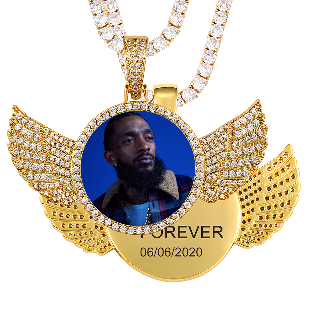 Custom Photo Wings Medallion Memory Pendant Necklace- Golden Medallion Necklace For Men and Women
