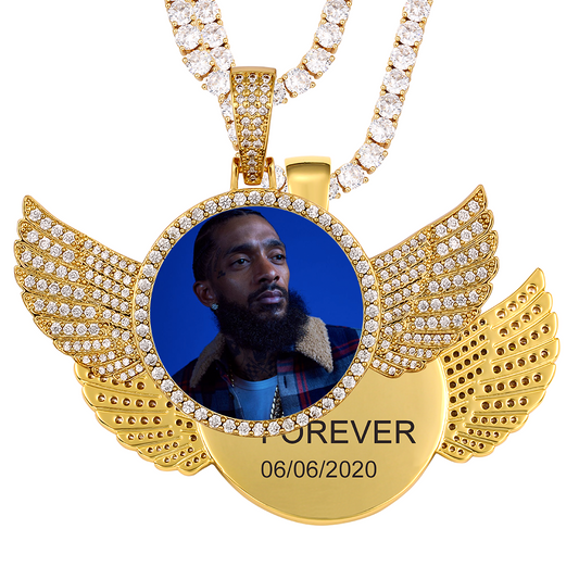 Custom Photo Wings Medallion Memory Pendant Necklace- Golden Medallion Necklace For Men and Women
