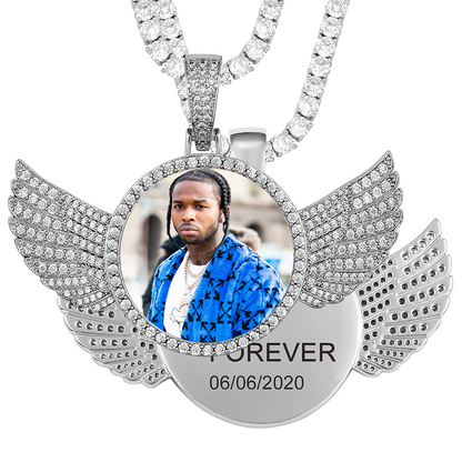 Custom Photo Wings Medallion Memory Pendant Necklace- Silver Medallion Necklace For Men and Women