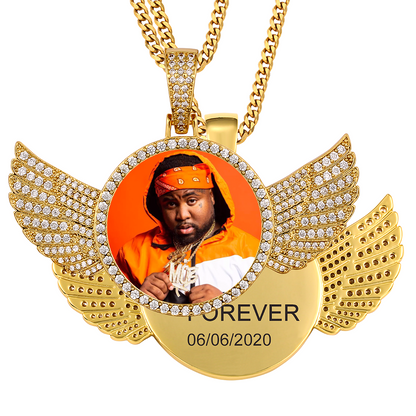 Custom Photo Wings Medallion Memory Pendant Necklace- Golden Medallion Necklace For Men and Women