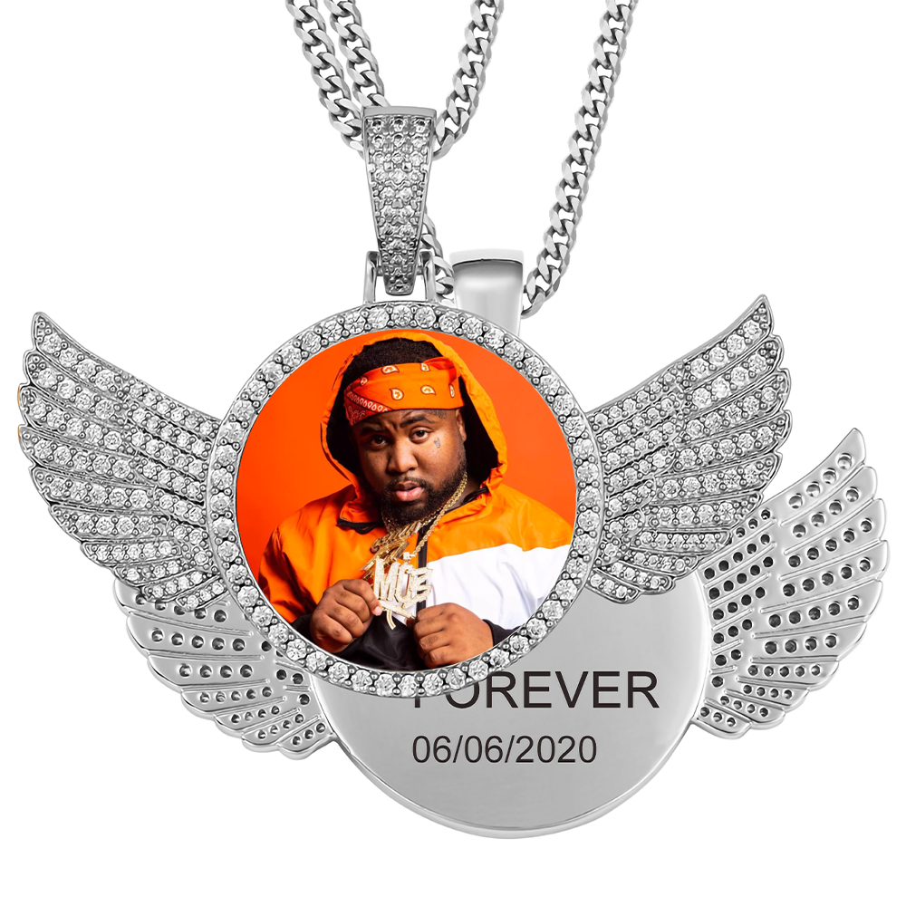 Custom Photo Wings Medallion Memory Pendant Necklace- Silver Medallion Necklace For Men and Women