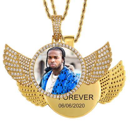 Custom Photo Wings Medallion Memory Pendant Necklace- Golden Medallion Necklace For Men and Women