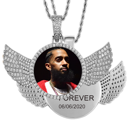 Custom Photo Wings Medallion Memory Pendant Necklace- Silver Medallion Necklace For Men and Women