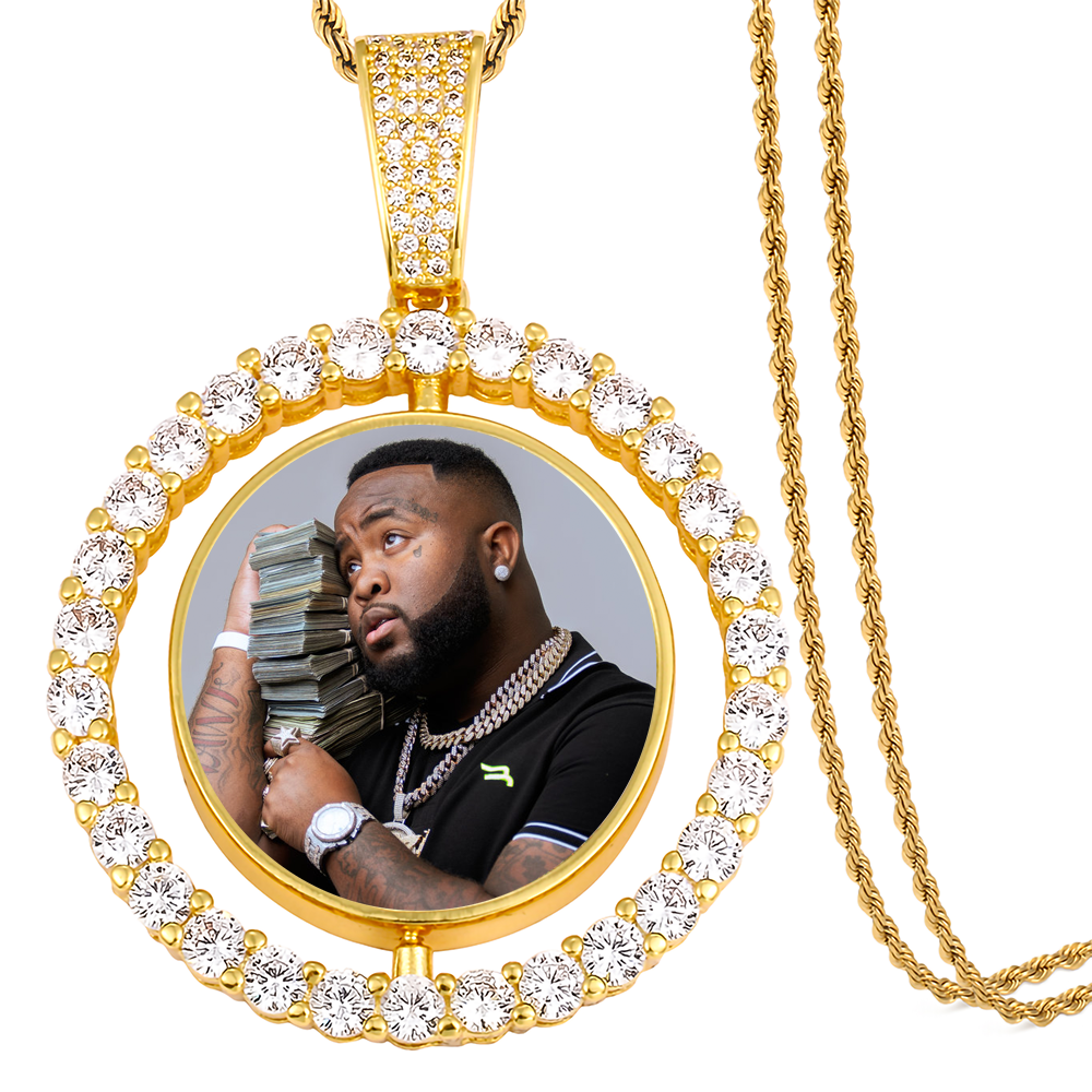 Custom Photo Round Rotated Medallion Memory Pendant Necklace- Golden Medallion Necklace For Men and Women