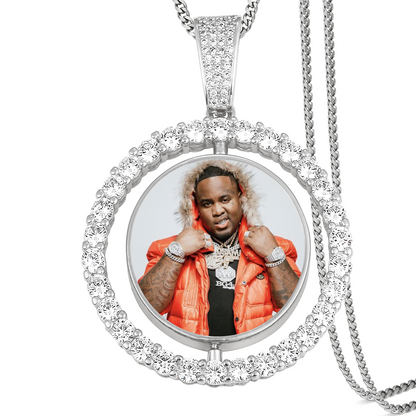 Custom Photo Round Rotated Medallion Memory Pendant Necklace- Silver Medallion Necklace For Men and Women