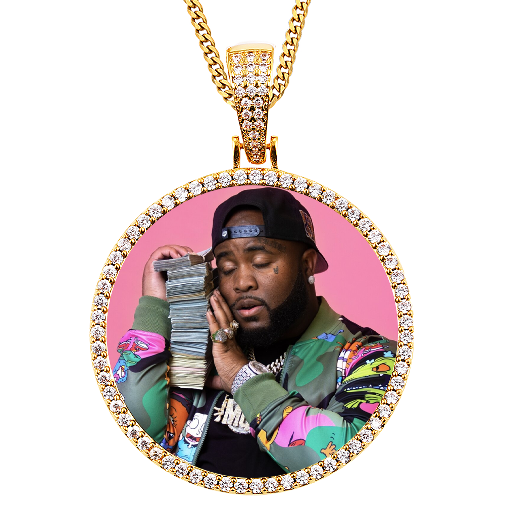 18k Iced Out Golden Medallion Picture Necklace- Personalized Gift For Mom