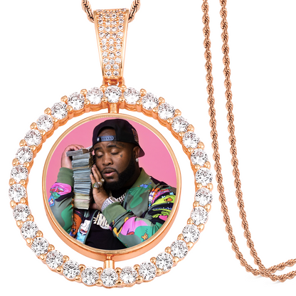Custom Photo Round Rotated Medallion Memory Pendant Necklace- Rose Gold Medallion Necklace For Men and Women
