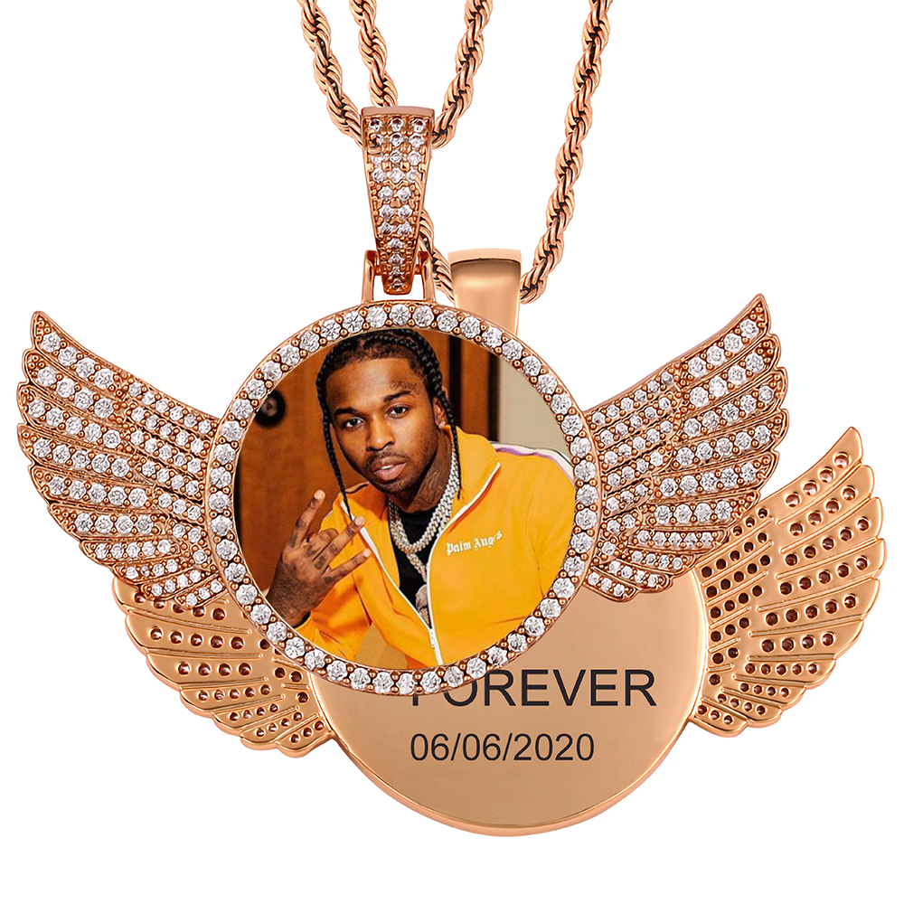 Custom Photo Wings Medallion Memory Pendant Necklace- Rose Gold Medallion Necklace For Men and Women