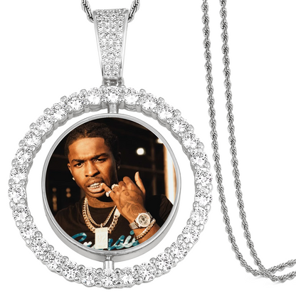Custom Photo Round Rotated Medallion Memory Pendant Necklace- Silver Medallion Necklace For Men and Women