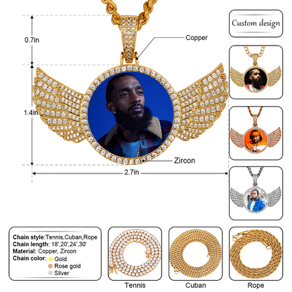 Custom Photo Wings Medallion Memory Pendant Necklace- Golden Medallion Necklace For Men and Women