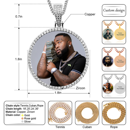 18k Iced Out Silver Medallion Picture Necklace- Personalized Gift For Mom