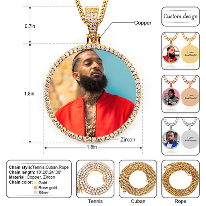 18k Iced Out Golden Medallion Picture Necklace- Personalized Gift For Mom