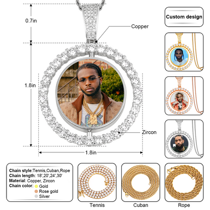 Custom Photo Round Rotated Medallion Memory Pendant Necklace- Silver Medallion Necklace For Men and Women