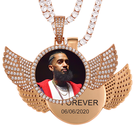 Custom photo wings medallion memory pendant necklace in rose gold for men and women